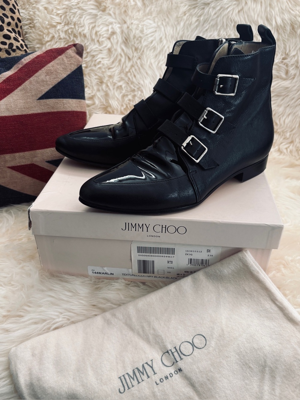 Jimmy Choo Marlin Black Leather and Patent Triple-Buckle Ankle Boots